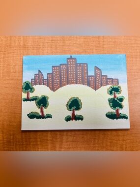 Handpainted Cityscape Canvas with Green Trees- 5x7